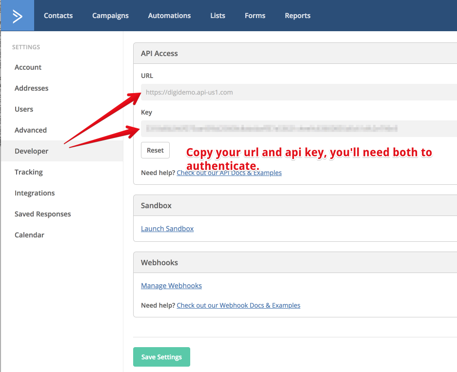 ActiveCampaign Developer Settings