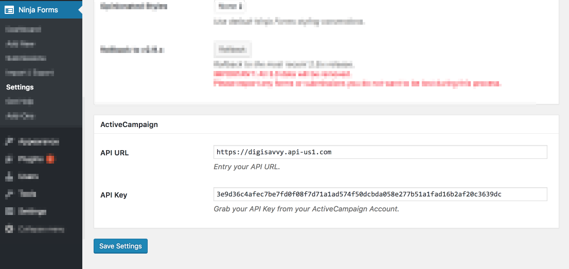 Ninja Forms Settings for ActiveCampaign